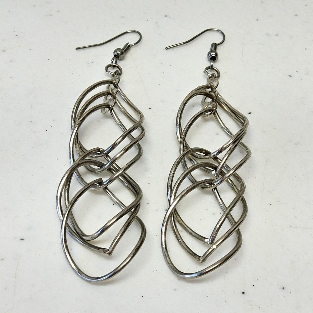 Dangle Earrings Women Silver Interlocking Swirl Cage Modernist - Picture 2 of 3